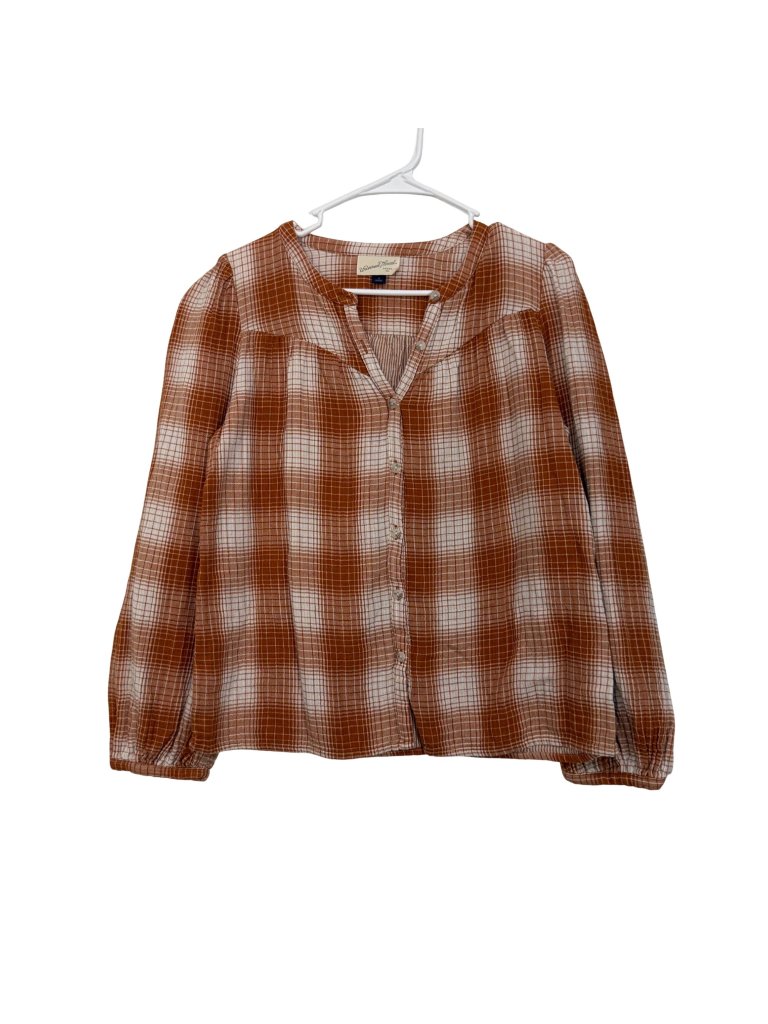 Universal Thread Women Woven Plaid Button-Up Long Sleeve Shirt Rust/White Size S